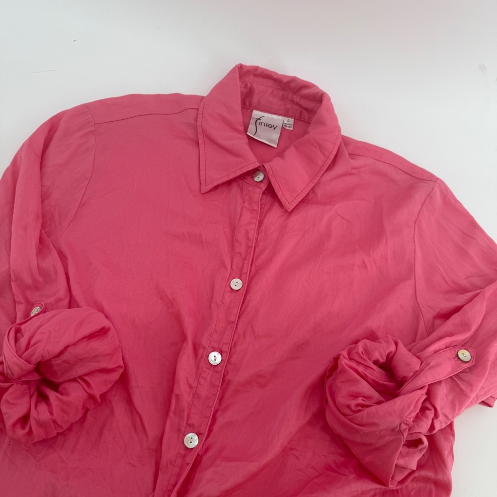 Finley Pink Cotton Tie Front Button Down Blouse Roll Tab Sleeve Made in USA L